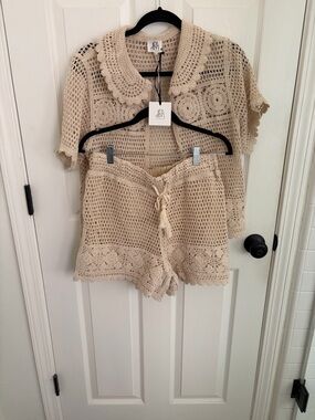DRABeige Crochet Knit Shorts and Cardigan Set